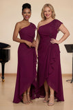 One Shoulder Burgundy Chiffon A-Line Choir Dress with Ruffles