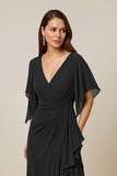Dark Green Ruched Mother of the Bride Dress with Flutter Sleeves
