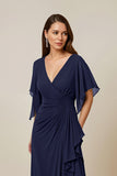 Dark Green Ruched Mother of the Bride Dress with Flutter Sleeves