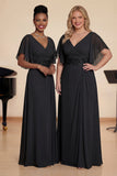 A Line Dusty Blue V-Neck Chiffon Long Choir Dress with Short Sleeves
