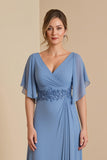 Dusty Blue A Line V Neck Chiffon Mother of the Bride Dress with Appliques