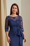 Navy Sheath Satin Boat Neck Long Mother of the Bride Dress with Sash