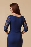 Navy Sheath Chiffon Ruffled Ruched Long Mother of the Bride Dress with Sleeves