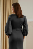 Pine Satin Mermaid V-Neck Long Mother of the Bride Dress with Sleeves