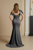Dusty Blue Mermaid Satin Off The Shoulder Mother of the Bride Dress with Bow