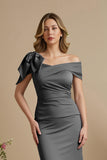 Dusty Blue Mermaid Satin Off The Shoulder Mother of the Bride Dress with Bow