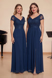 A Line Navy Appliqued Chiffon Long Choir Dress with Slit