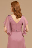 A-Line Grape V-Neck Ruched Flutter Sleeve Long Mother of the Bride Dress