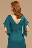 A-Line Grape V-Neck Ruched Flutter Sleeve Long Mother of the Bride Dress