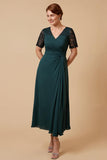 Pine Sheath V-Neck Short Sleeve Mother of the Bride Dress with Lace