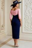 Navy Off The Shoulder 3/4 Sleeve Mother of the Bride Dress with Lace Appliques