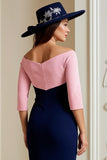 Navy Off The Shoulder 3/4 Sleeve Mother of the Bride Dress with Lace Appliques