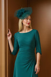 Pine Bateau Neck Ruched 3/4 Sleeve Mother of the Bride Dress with Ruffles