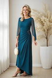 Peacock Blue Bateau Neck Ruched Puff Sleeves Chiffon Long Mother of the Bride Dress with Beading