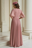 Dusty Rose A-Line V-Neck Chiffon Long Mother of the Bride Dress with Ruffles