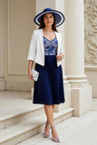 Navy A-Line V-Neck 2-Piece Mother of the Bride Dress with Pleats
