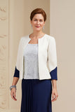 A-Line Navy Bateau Neck 3-Piece Mother of the Bride Dress with Lace