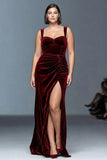 Burgundy Velvet A-Line Ruched Long Plus Size Formal Dress with Slit