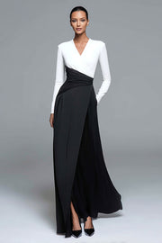 Black and White A-line V-Neck Formal Dress