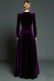 Dark Purple A-Line Velvet Long Formal Dress With Long Sleeves