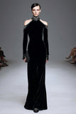 Velvet Black High Neck Long Sleeves Formal Dress