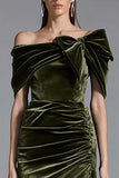 Off the Shoulder Olive Ruched Long Formal Dress with Bow