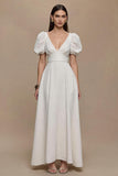 Ivory A-Line V-Neck Formal Dress with Puff Sleeves