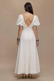 Ivory A-Line V-Neck Formal Dress with Puff Sleeves