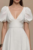 Ivory A-Line V-Neck Formal Dress with Puff Sleeves