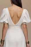 Ivory A-Line V-Neck Formal Dress with Puff Sleeves