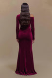 One Shoulder Satin Long Sleeves Burgundy Formal Dress with Slit