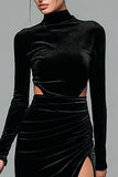 Black Velvet High Neck Long Sleeves Holiday Party Dress with Slit
