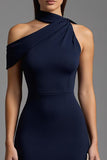 Navy Satin Asymmetrical Neck Long Formal Dress