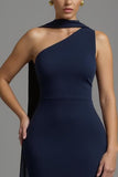 Mermaid Navy Satin Neck Scarf Long Formal Dress