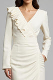 Ivory Sheath V-Neck Maxi Work Dress with Ruffles