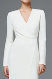 Ivory Sheath V-Neck Maxi Work Dress with Sleeves
