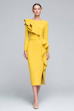 Yellow Sheath Round Neck Midi Work Dress with Ruffles
