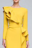 Yellow Sheath Round Neck Midi Work Dress with Ruffles