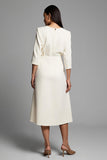 Ivory Round Neck A Line Midi Work Dress with Slit