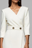 Ivory Sheath V-Neck Maxi Work Dress with Buttons