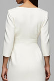 Ivory Sheath V-Neck Maxi Work Dress with Buttons