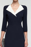 Black and White A Line V-Neck Midi Work Dress with Sleeves