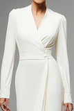 Ivory Sheath V-Neck Long Work Dress with Button