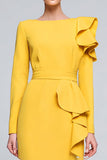 Yellow Sheath Bateau Neck Maxi Work Dress with Ruffles