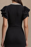 Black Midi Sheath V-Neck Work Dress with Ruffles