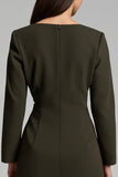 Dark Olive Satin Boat Neck Pencil Midi Work Dress With Sleeves