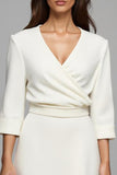 Ivory Satin Ruched V-Neck Pencil Midi Work Dress With Sleeves