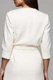 Ivory Satin Ruched V-Neck Pencil Midi Work Dress With Sleeves