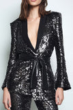 Sparkly Black 2 Piece Women Prom Suits With Sash