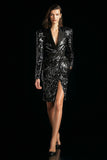 Sparkly Black Peak Lapel Women Blazer Dress With Slit